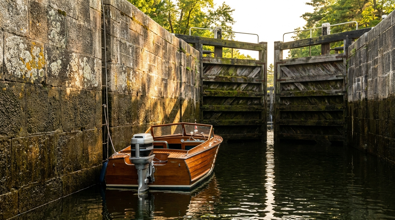 Pleasure boat in Trent-Severn Waterway lock chamber mid-fill