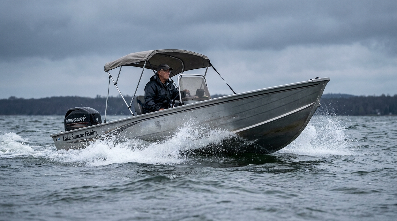 Aluminum V-hull with Mercury outboard cutting through Lake Simcoe chop, demonstrating rough water handling.