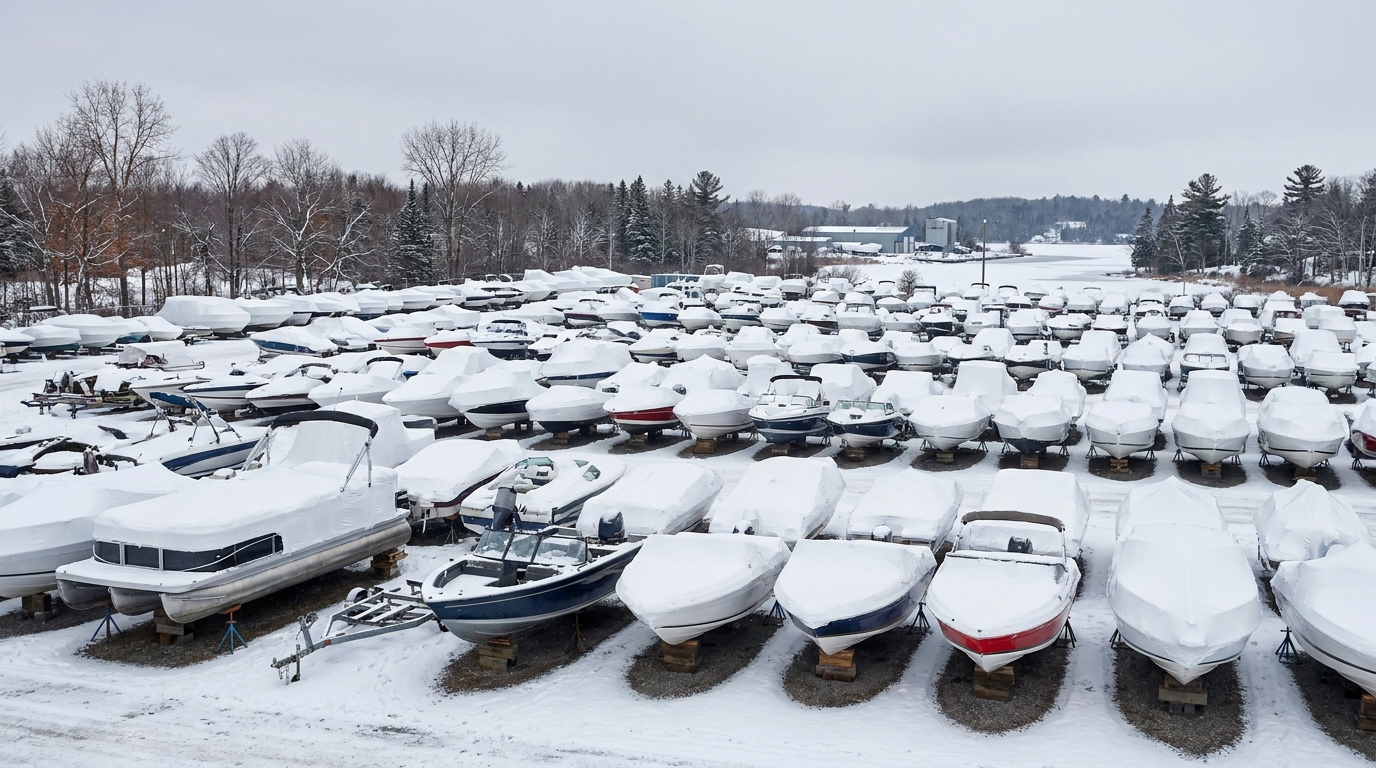 Rows of shrinkwrapped pleasure boats in a Canadian marina winter storage yard