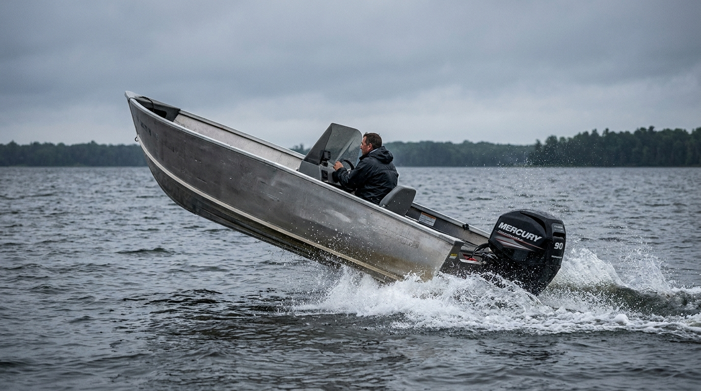 Aluminum fishing boat porpoising with bow too high, showing incorrect outboard trim