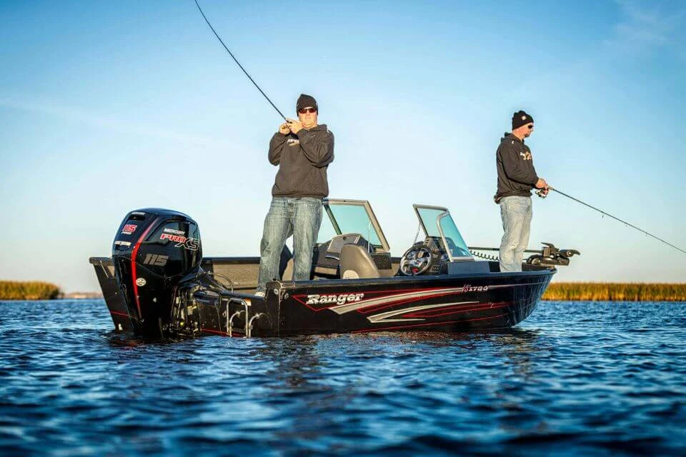 Two anglers fishing from a Ranger aluminum boat powered by a Mercury 115 Pro XS on fresh water.