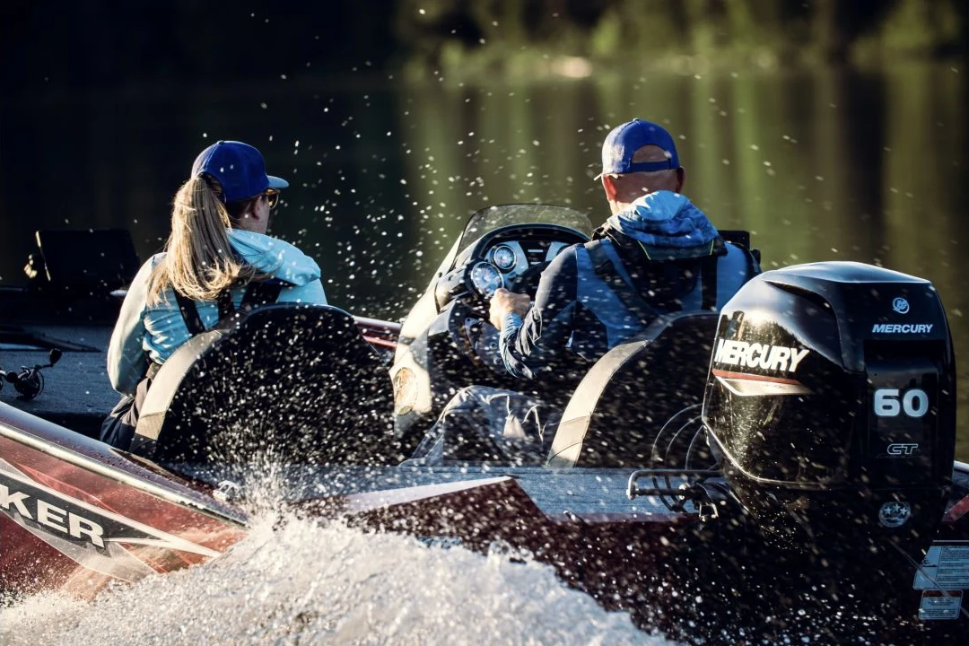 Mercury 60 HP Command Thrust FourStroke powering a Tracker fishing boat on freshwater.