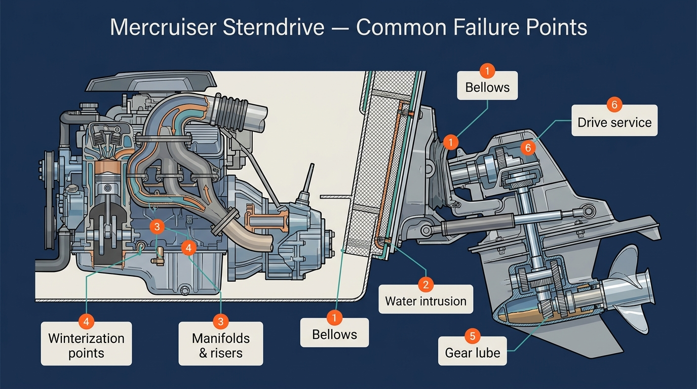 Mercruiser sterndrive failure-points diagram showing bellows, water intrusion, manifolds, risers, winterization, and drive service