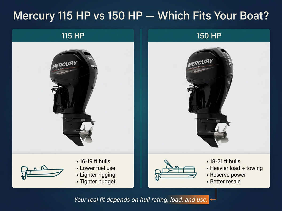 Mercury 115 vs 150 horsepower decision matrix for Ontario fishing boats, pontoons, family runabouts, load, and budget