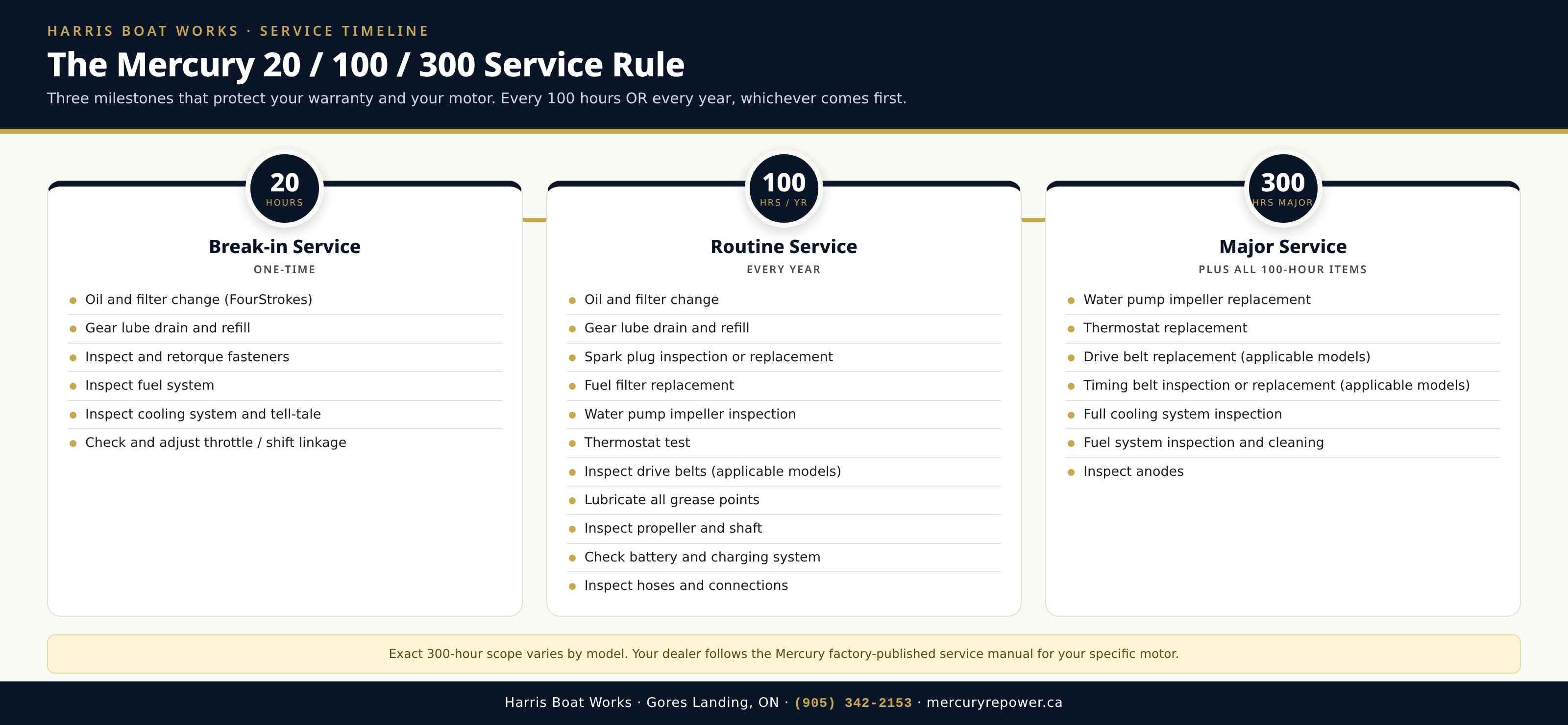 Mercury 20/100/300 service interval timeline: break-in, routine, and major service items