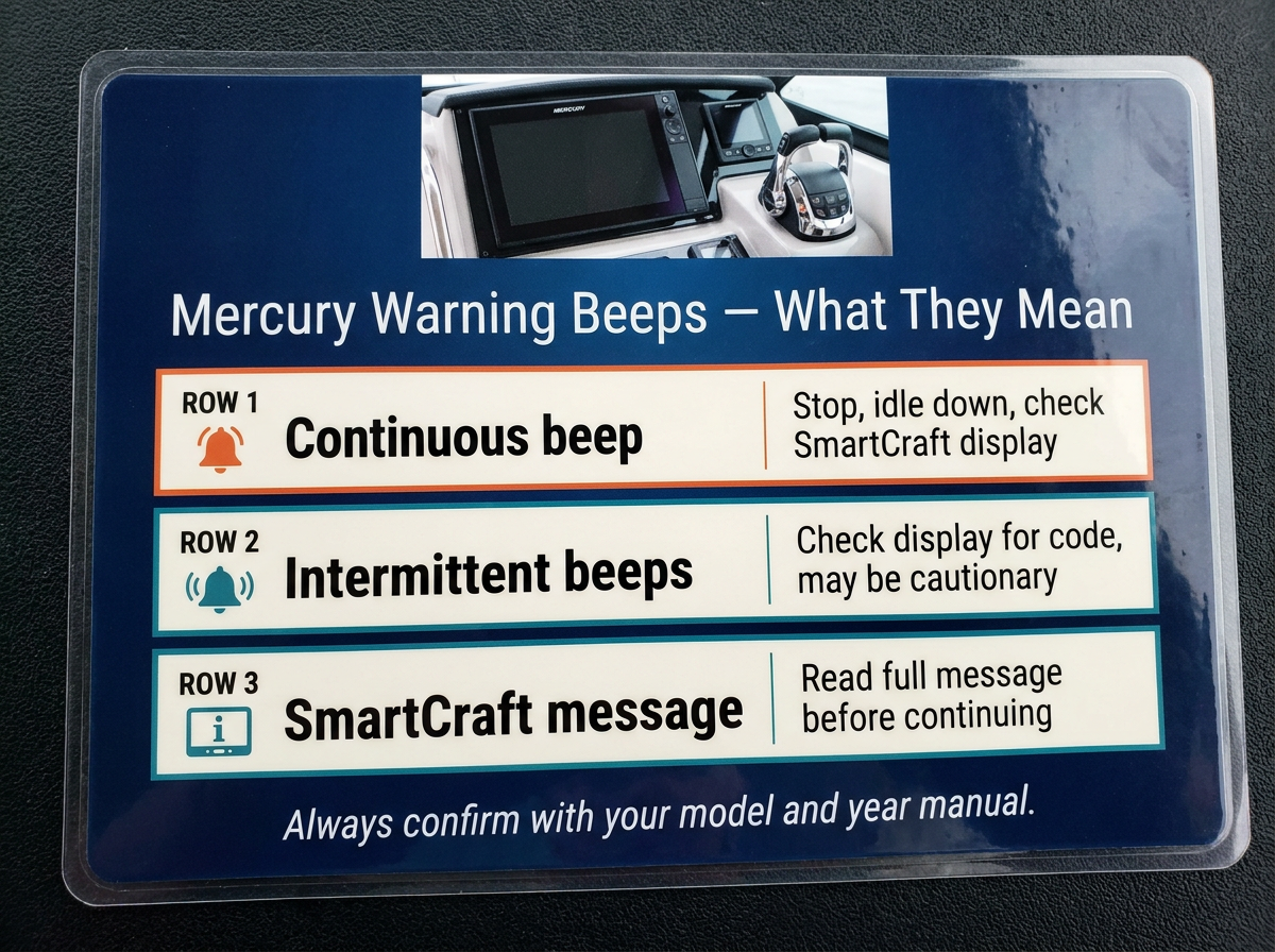 Laminated reference card for Mercury outboard alarm codes, showing meanings for continuous and intermittent beeps.