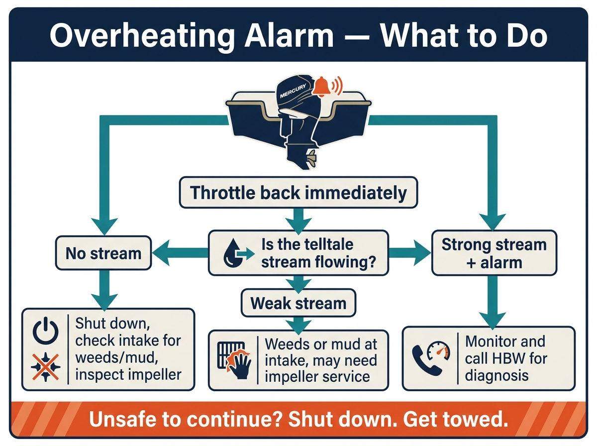 Diagnostic flowchart for Mercury outboard overheating alarms, showing steps for checking telltale stream and intake debris.