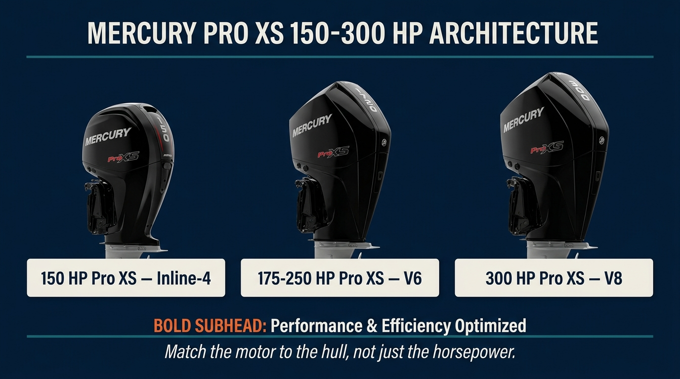 Graphic showing Mercury Pro XS 150 Inline-4, 175-250 V6, and 300 V8 outboards to help choose the right engine for your boat.