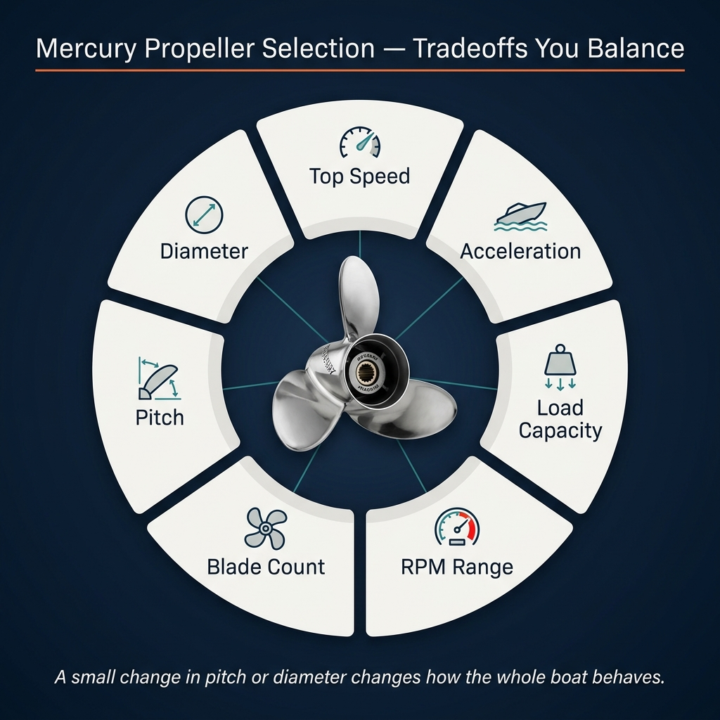 Mercury propeller selection wheel showing acceleration, top speed, load, RPM range, blade count, pitch, and diameter tradeoffs
