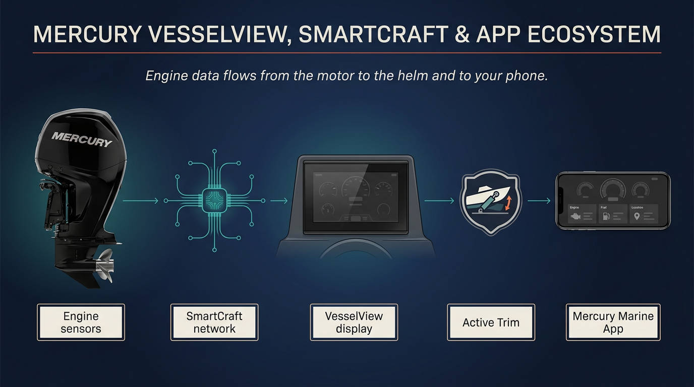 Diagram explaining how Mercury VesselView, SmartCraft, Active Trim, and the Mercury Marine App connect