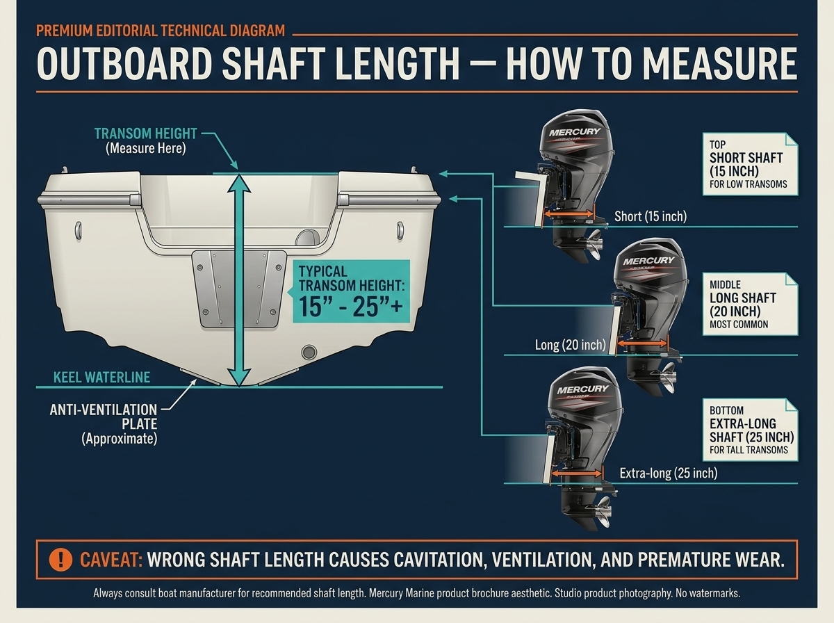 Outboard shaft length diagram showing how to measure transom height and match short, long, and extra-long shaft motors