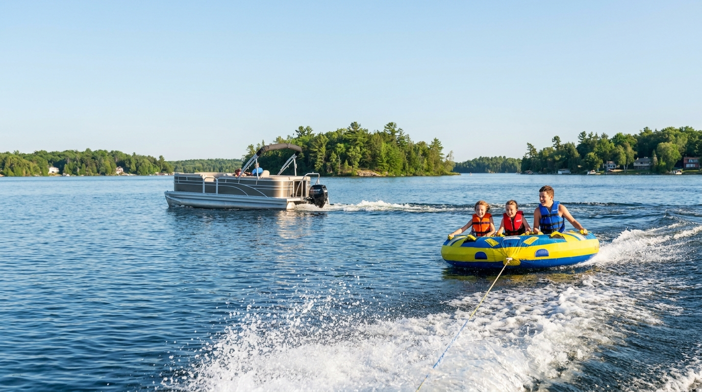 Kids tubing behind a pontoon boat on Rice Lake