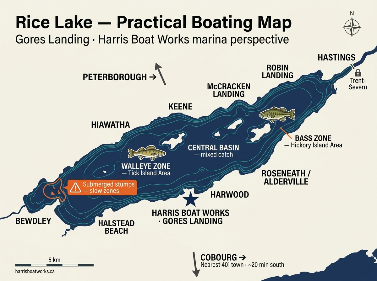 Rice Lake practical boating map - Gores Landing perspective with fishing zones, hazards, and key towns